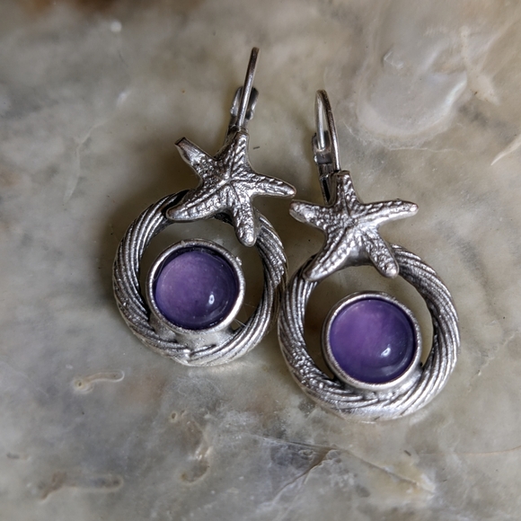 Natural Purple Jade in Silver Plated Starfish Earrings - Picture 3 of 4